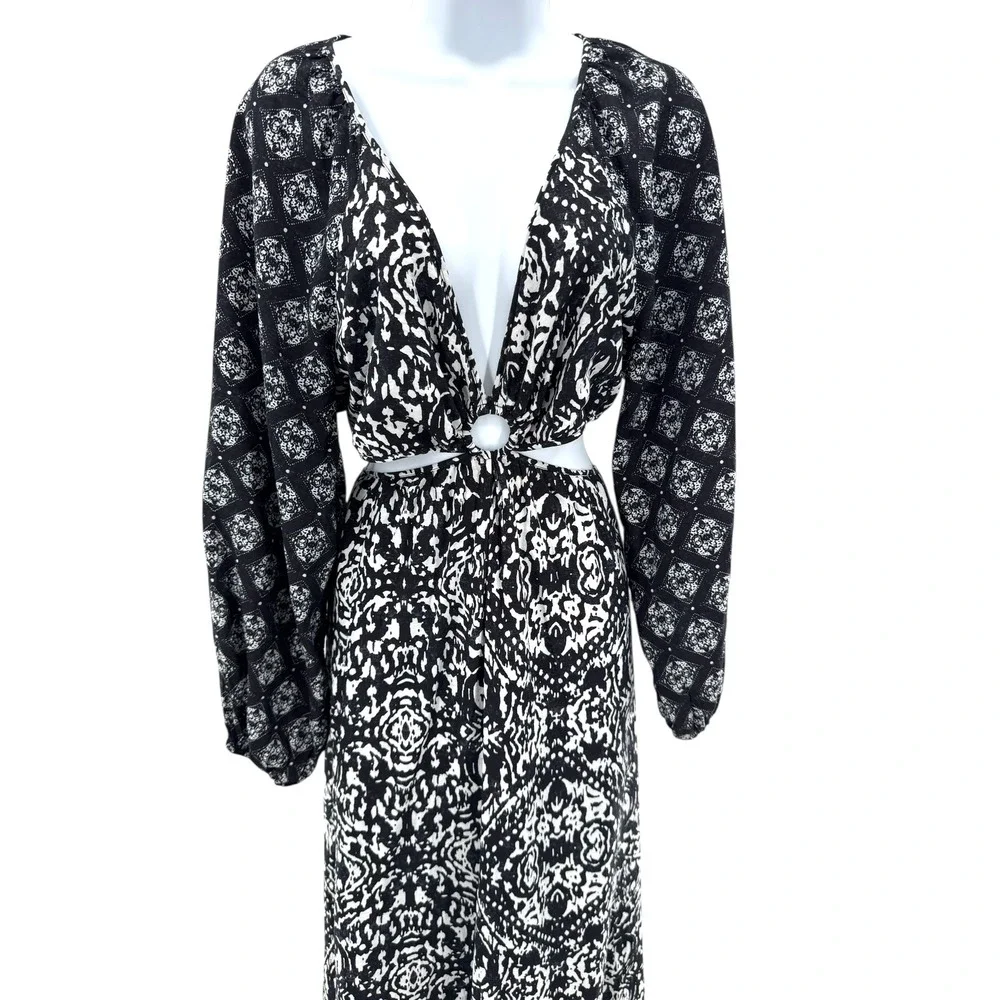 Abercrombie & Fitch Black White Boho Ring Cutout Maxi Dress LP Long Sleeve‎
